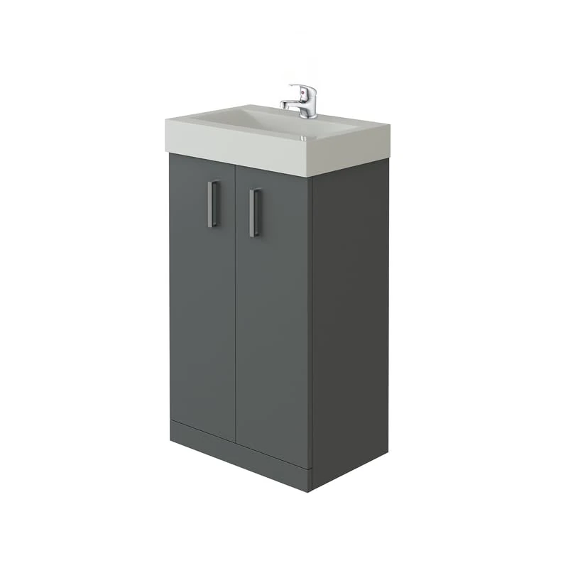 VeeBath Cloakroom Vanity Unit and Basin with Mono Basin Mixer Tap and Waste, Compact Square Bathroom Furniture Set, Ideal for Small Bathrooms and En-Suites in Grey, 450mm