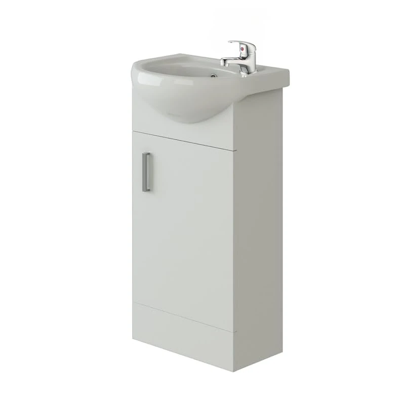 VeeBath Petite Cloakroom Vanity Unit and Basin with Mono Basin Mixer Tap and Waste, Round Bathroom Furniture Set, Ideal for Small Bathrooms and En-Suites in Gloss White, 420mm