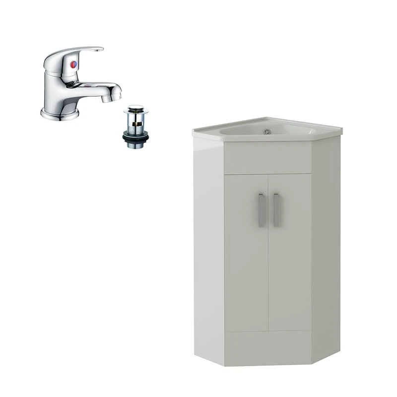 VeeBath Corner Cloakroom Vanity Unit and Basin with Mono Basin Mixer Tap and Waste, Space-Saving Bathroom Furniture Set, Ideal for Small Bathrooms and En-Suites in Gloss White, 400mm