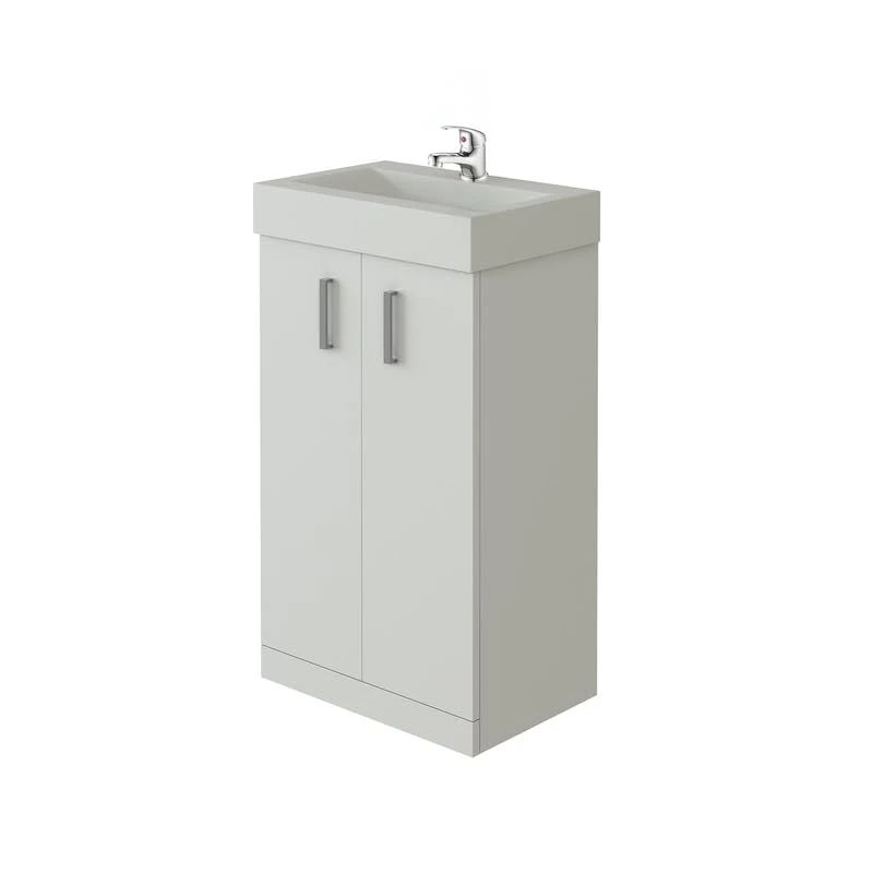 VeeBath Cloakroom Vanity Unit and Basin with Mono Basin Mixer Tap and Waste, Compact Square Bathroom Furniture Set, Ideal for Small Bathrooms and En-Suites in Gloss White, 450mm