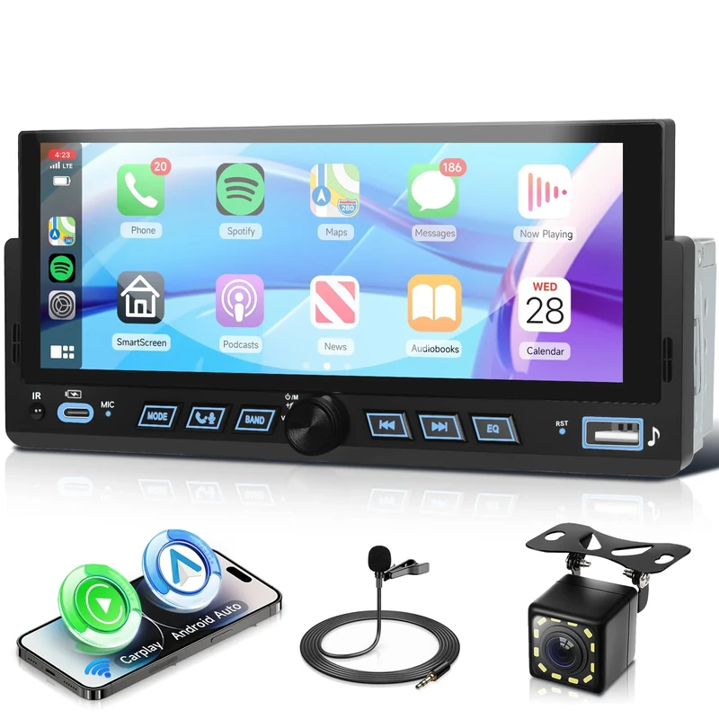 VECHTEL 8.68" Single Din Car Stereo-Wireless CarPlay&Android Auto Bluetooth 5.2 Touchscreen Car Stereo Receivers Rear View Camera-FM Radio/Mirror Link/USB/AUX/Charge/EQ Single Din Radio