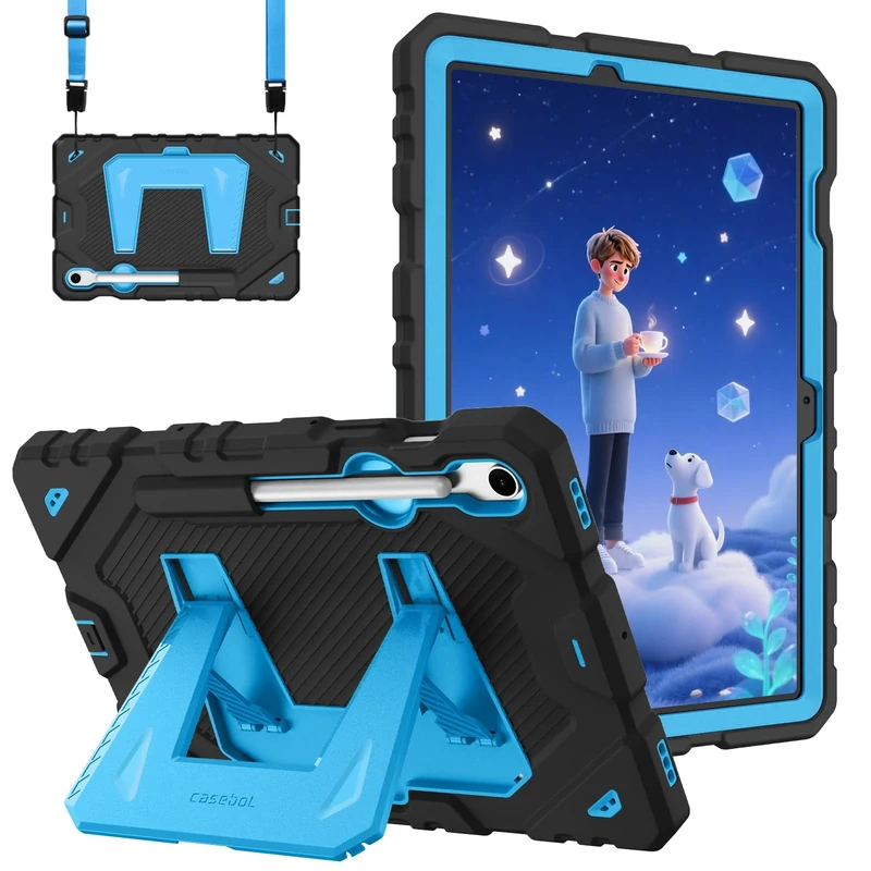 FINTIE Kids Friendly Case for Samsung Galaxy Tab S10 Lite/ S10 FE/ S9 FE 10.9 Inch/Tab S9 11 Inch, Fully-Body Rugged Heavy Duty Shockproof Protective Case with Kickstand & Shoulder Strap, Black/Blue