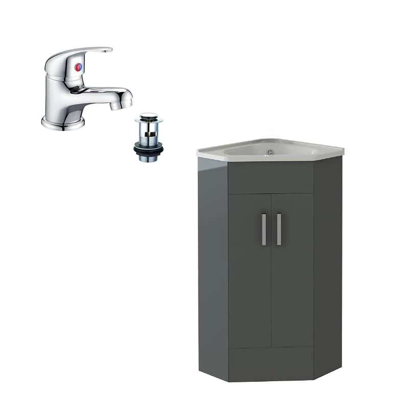 VeeBath Corner Cloakroom Vanity Unit and Basin with Mono Basin Mixer Tap and Waste, Space-Saving Bathroom Furniture Set, Ideal for Small Bathrooms and En-Suites in Grey, 400mm