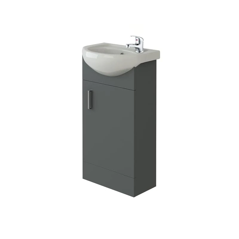 VeeBath Petite Cloakroom Vanity Unit and Basin with Mono Basin Mixer Tap and Waste, Round Bathroom Furniture Set, Ideal for Small Bathrooms and En-Suites in Grey, 420mm