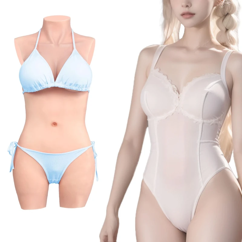 Minaky Plus Size 3-Point Silicone Bodysuit Silicone Breast Forms Realistic Breastplate with Catheter for Transgender Crossdresser