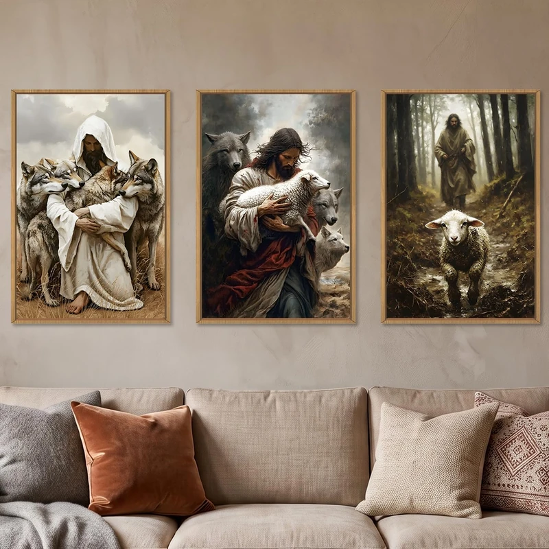 KAIRNE Jesus Lost Lamb Framed Canvas Wall Art Set,Vintage Shepherd Protect a Lamb from Wolves Wall Decor,Retro Religious Bible Faith Artwork for Living Room,Bedroom,Church-16 x24 x3