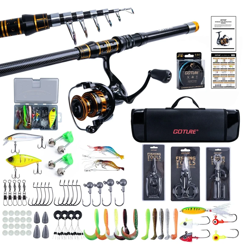 Goture Fishing Rod and Reel Combos with Storage Bag, Telescopic Fishing Pole Spinning Reel Lures Set, Telescopic Fishing Rod Upgrade Fishing Kit for Travel Saltwater Freshwater Type B2 2.4M