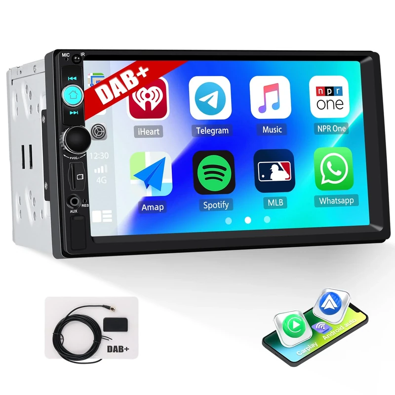 CAMECHO DAB Double Din Car Stereo with Wireless Carplay Android Auto, 7 Inch IPS Touch Screen Car Radio with Mirror Link Bluetooth 5.2 Hands-Free FM Radio EQ Audio SWC AUX/USB/TFInput Head Unit