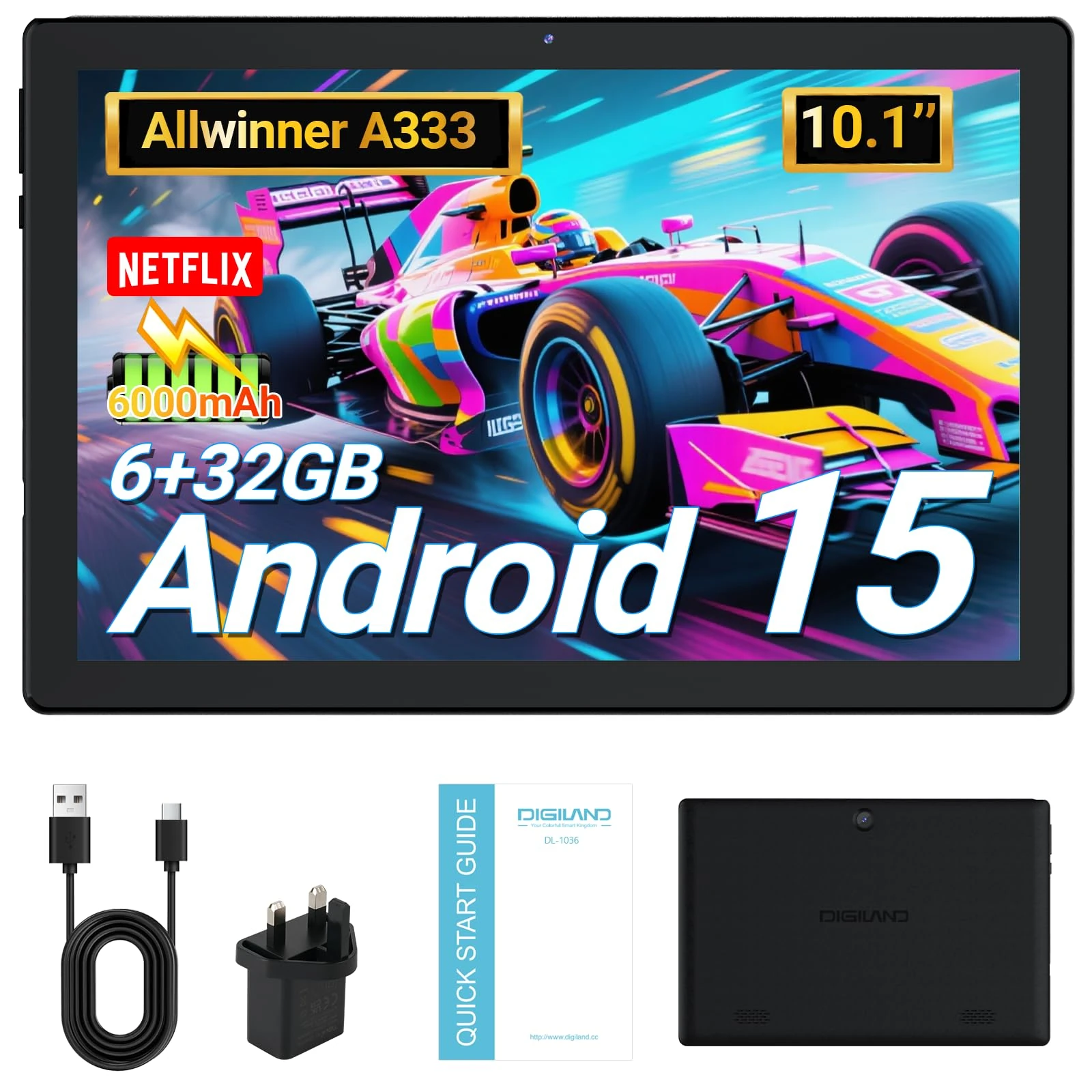 DigiLand 10.1 inch Android 15 Tablet,Octa-Core Processor, OTG, 6GB+32GB+TF Expansion, 1280 * 800 IPS, Support Split-Screen, WiFi 6, BT5.0, Dual Camera 2MP+5MP, 6000mAh,Widevine L1