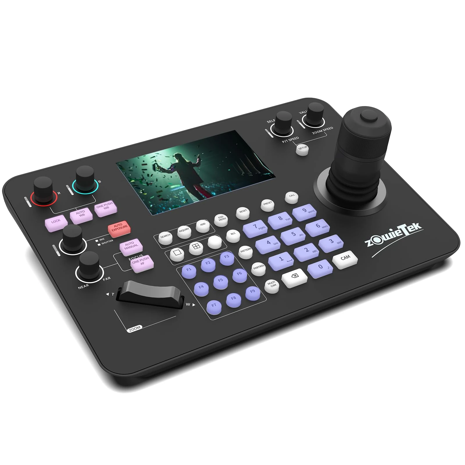 Zowietek NDI|HX3 PTZ Controller 7D Joystick Keyboard, ZowieKBD, 5'' LCD Quad-Screen Real-time Display, Automatic Camera Detection, Group Control, HDMI Output, Tally, PoE, VISCA/PELCO/RS232/422/485