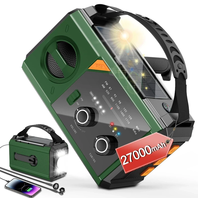 Solar Wind Up Emergency Radio with 27000mAh Power Bank, AM/FM/NOAA Weather Alert, SOS and Torch, Portable Survival Kit for Camping & UK Power Cuts (Army Green)