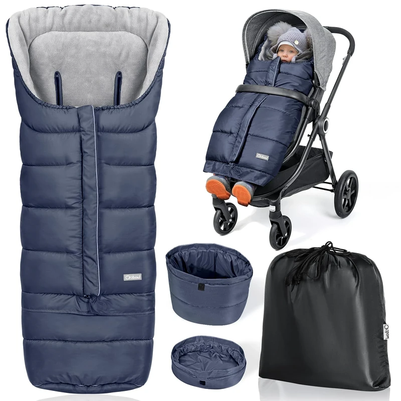 Orzbow Footmuff for Pushchair Universal, Long Pram Footmuff w/Zip, Waterproof Cosy Toes for Pram w/Adjustable Extra Length, Anti-Slip, Easy Access, Warm Coral Fleece, 97 * 44cm/117 * 44cm, Navy Blue