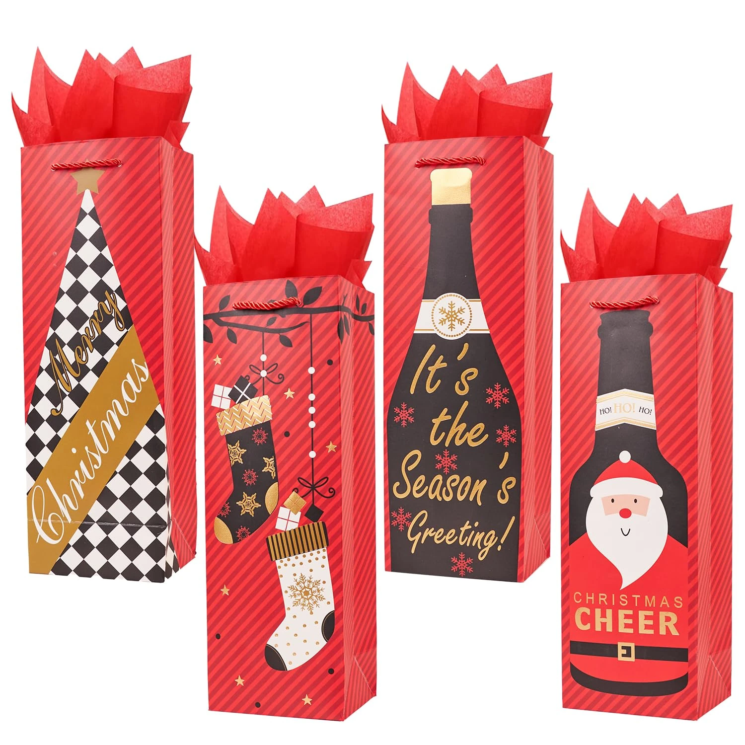 12 Pack Red Christmas Wine Bags with Tissue Paper,13.7" Thick Paper XMAS Bottle Bags Bulk for Gift Present (Red)