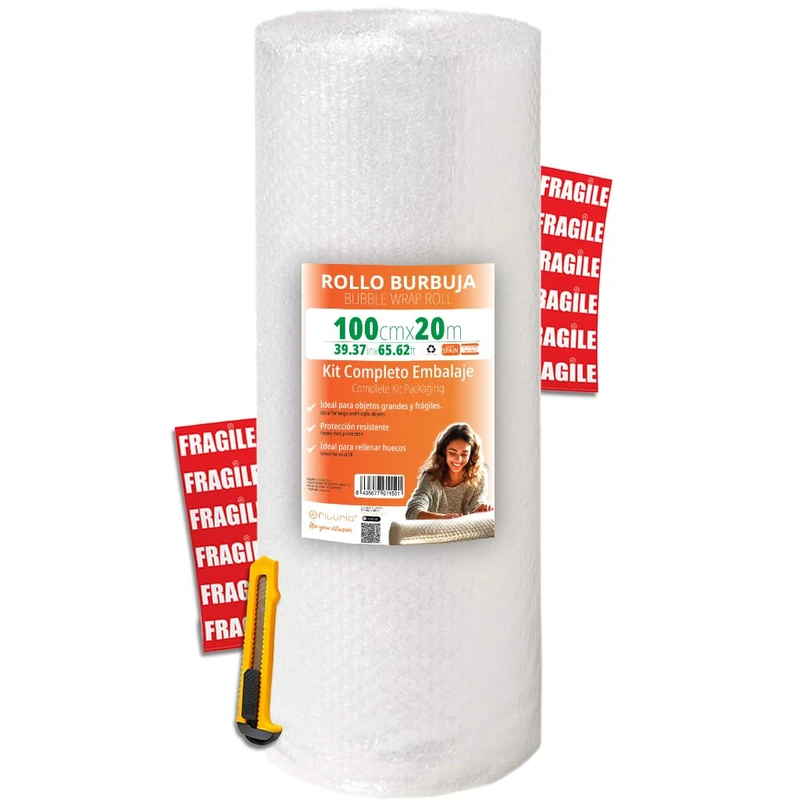 OFITURIA Bubble Wrap Packaging 100 cm x 20 m – Complete Packaging Set with Cutter + 12 Fragile Stickers – Everything for Moving, Packaging, Bubble Wrap