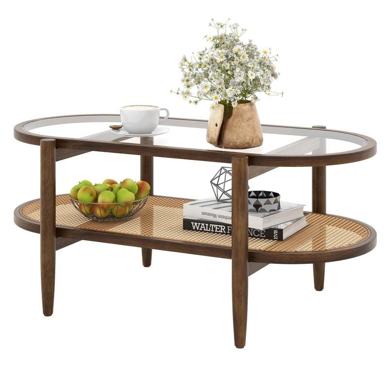 FANTASK Living Room Table with Glass Table Top & Rattan Shelf, Coffee Table, Side Table with Wooden Legs for Living Room, 102 x 56 47 cm - Image 1
