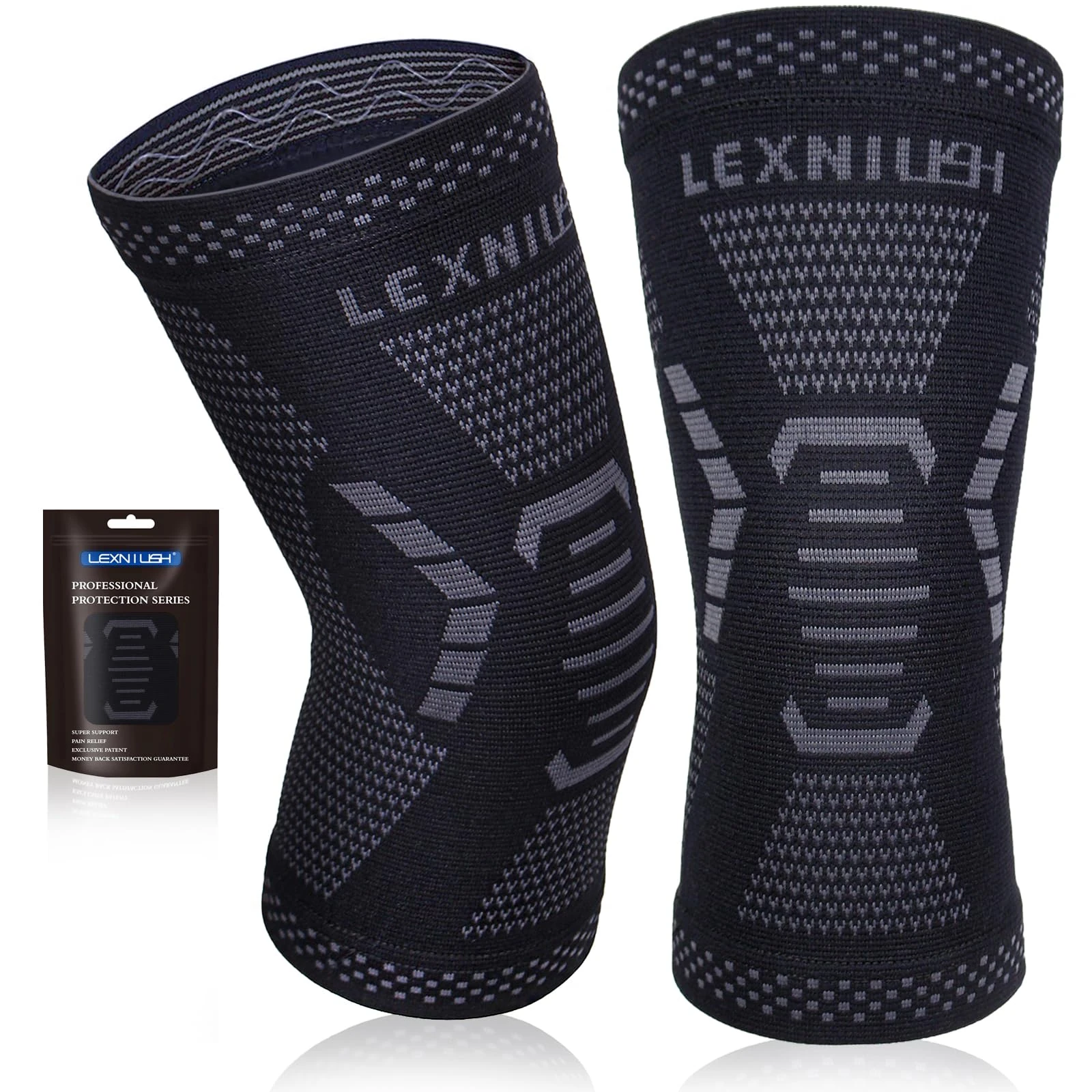 Lexniush 2 Pack Knee Support for Men/Women, Best Knee Brace for Arthritis, Joint Pain, Ligament Injury, Meniscus Tear, ACL, MCL, Tendonitis, Knee Compression Sleeve for Running, Sports(Black, M)