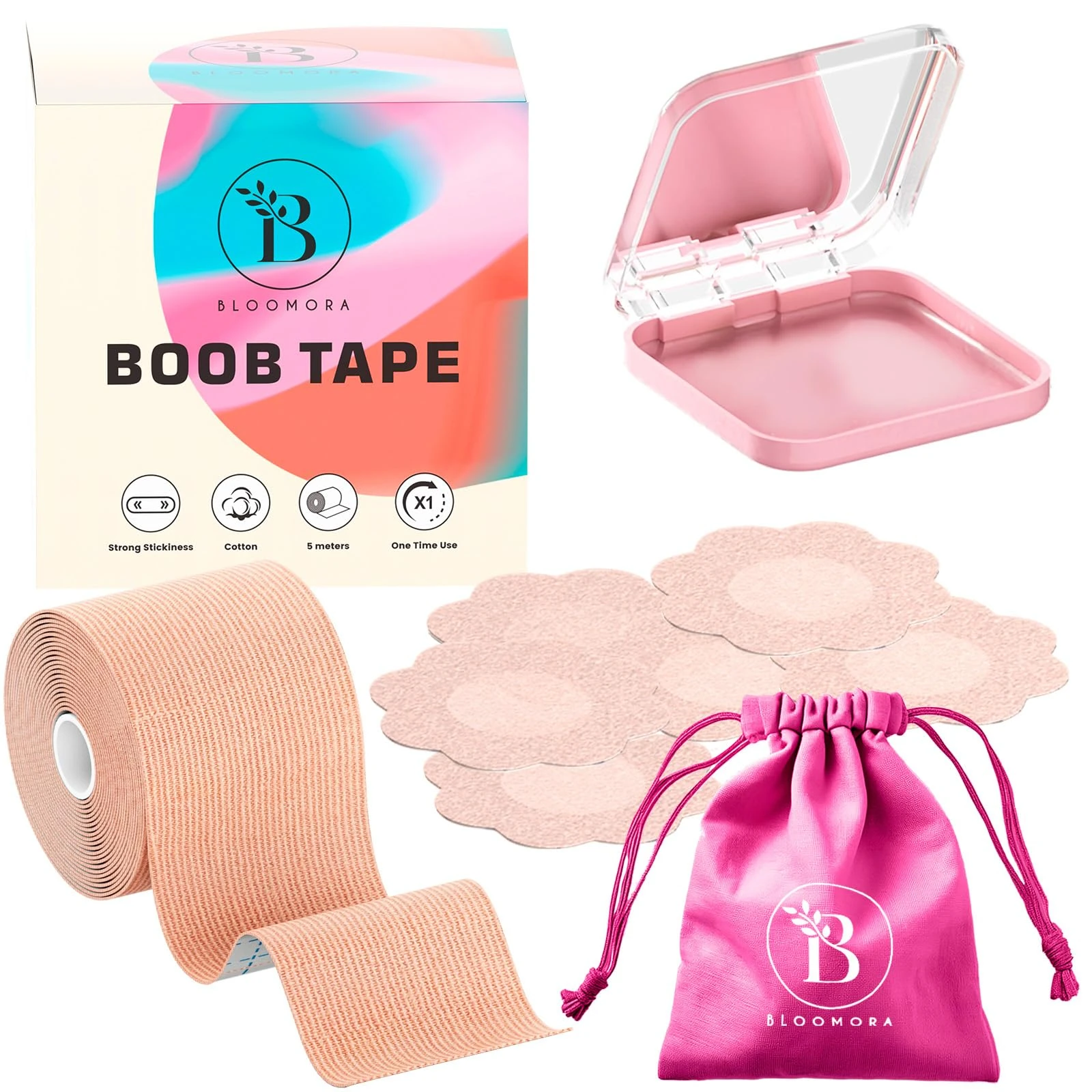 BLOOMORA Boob Tape – Breast Lift Tape for Women – Invisible Boobtape Push Up Support – Body Tape for Strapless Dresses, Backless Tops & Deep V Outfits – Accessories Included – Beige