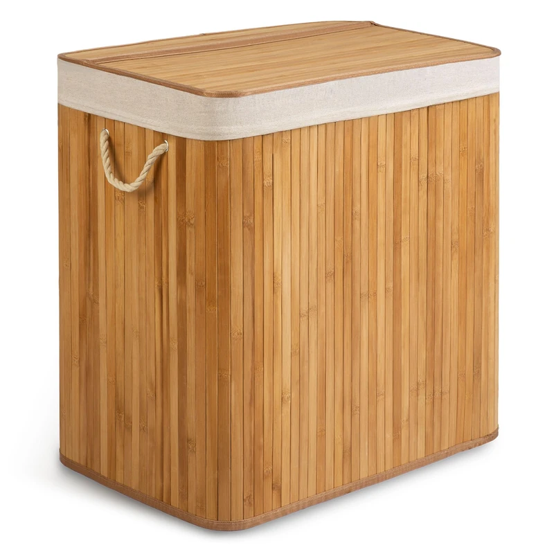 Massido Laundry Basket 3 Compartments 150 L with Lid and Laundry Bag Bamboo Laundry Sorter Beige 61 x 62 x 42 cm