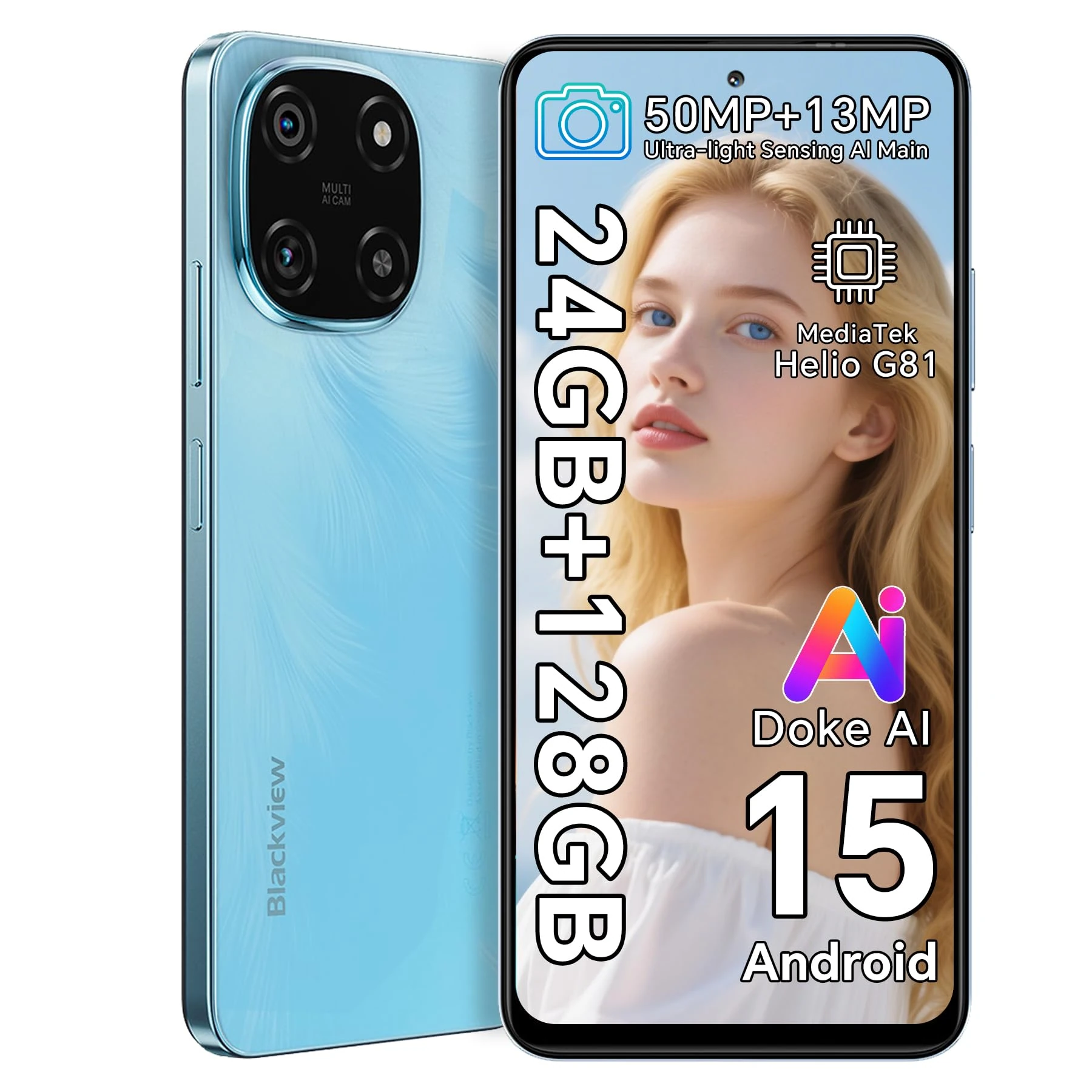 Blackview Color 6 Unlocked Mobile Phones, (2025) Newest, 24GB+128GB/2TB, 50MP+13MP AI Camera, 5000mAh/18W, Dual SIM Smartphone, 4G Android 15 Smart Phone, 5G WiFi/OTG/GPS, Fingerprint/Face ID, Blue