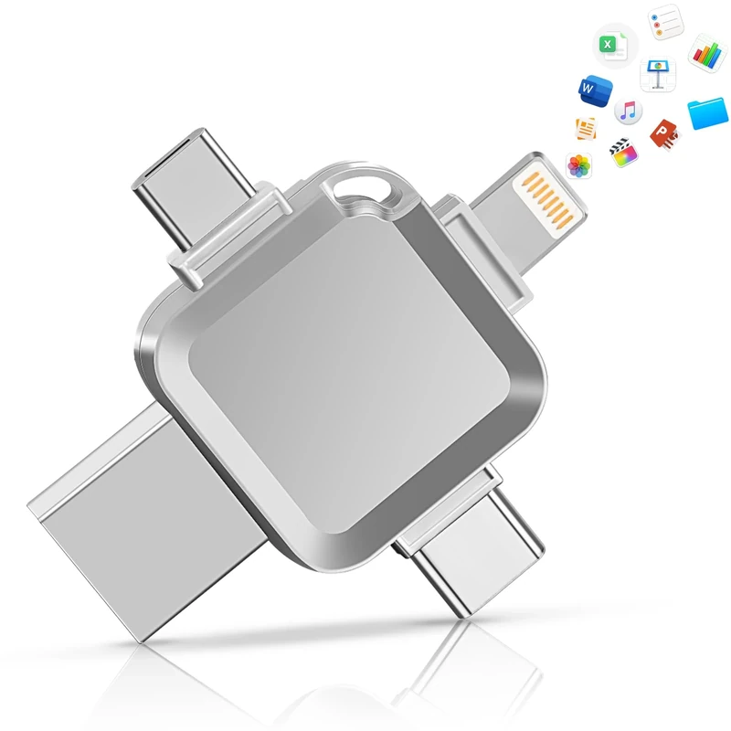 Memory Stick 64GB, 4 in 1 Photo Stick for iPhone, Universal Photo Backup Stick USB Flash Drive with Lightning+Micro USB+Type-C+USB Memory Sticks Metal Thumb Drives Waterproof