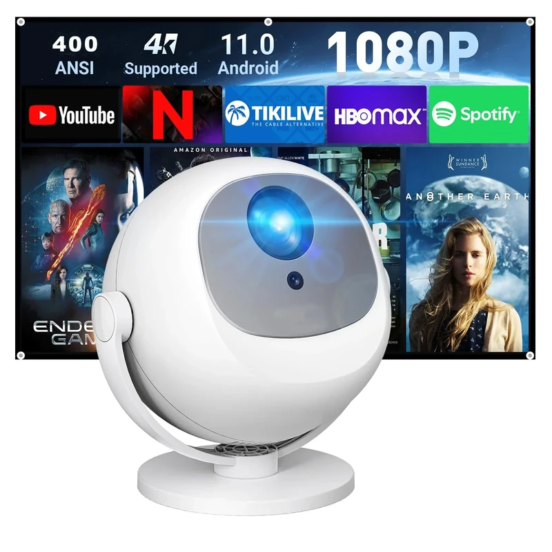 [Built-in app and Auto Focus] Smart Projector, 4K Support Mini Portable Projector with 360° Rotatable, 12000 Lumens, WiFi & Bluetooth, LCD Display, 1920x1080 Resolution ceiling projector