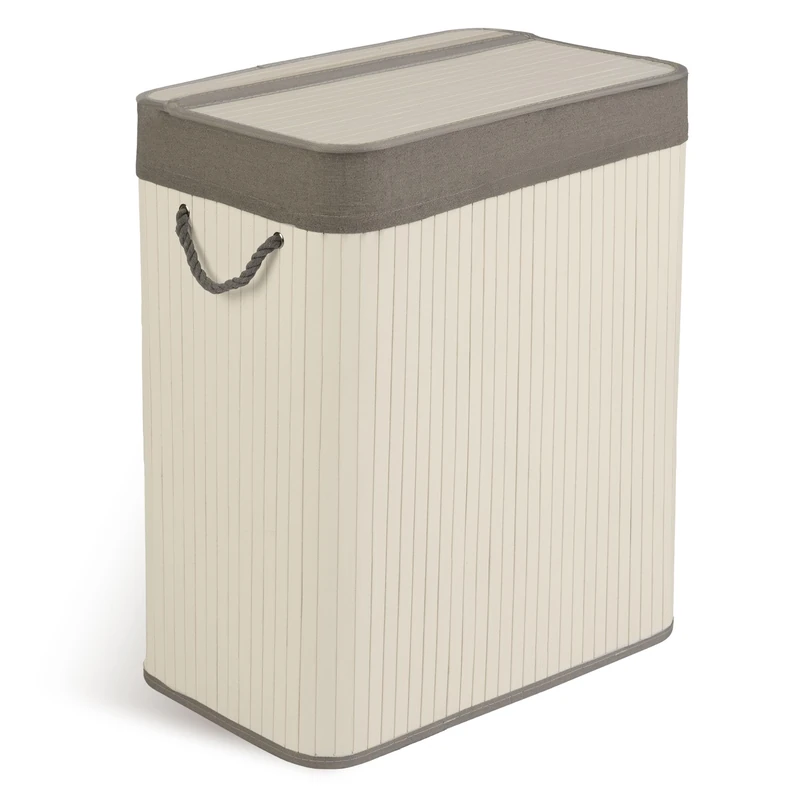 Massido Laundry Basket 2 Compartments 100 L with Lid and Laundry Bag Bamboo Laundry Sorter White Grey 61 x 54 x 34 cm