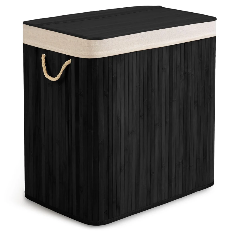 Massido Laundry Basket 3 Compartments 150 L with Lid and Laundry Bag Bamboo Laundry Sorter Black 61 x 62 x 42 cm