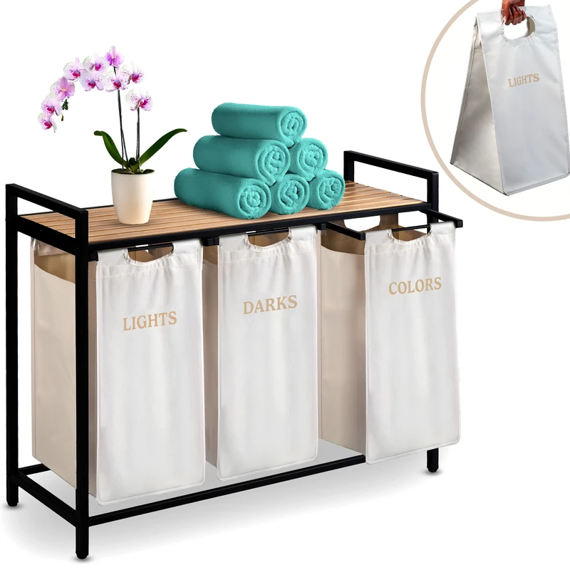 Massido Laundry Basket 3 Compartments 120 L with Laundry Bags and Shelf Laundry Sorter Laundry Rack Beige 93 x 72 x 32 cm