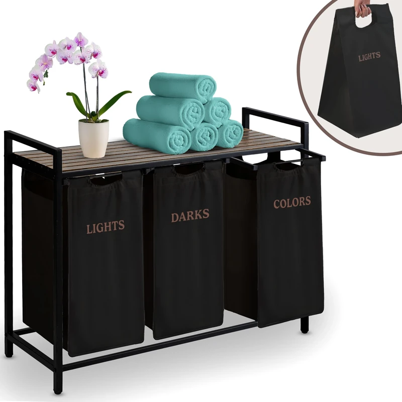 Massido Laundry Basket 3 Compartments 120 L with Laundry Bags and Shelf Laundry Sorter Laundry Rack Black 93 x 72 x 32 cm
