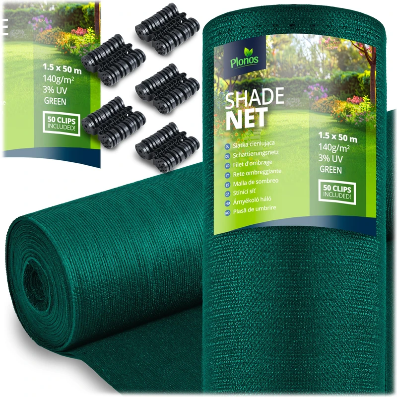 Plonos Shade Net, Sun Protection, Privacy Screen, Grammage 140 g/m², Area 75 m², Size 1.5 x 50 m, Green
