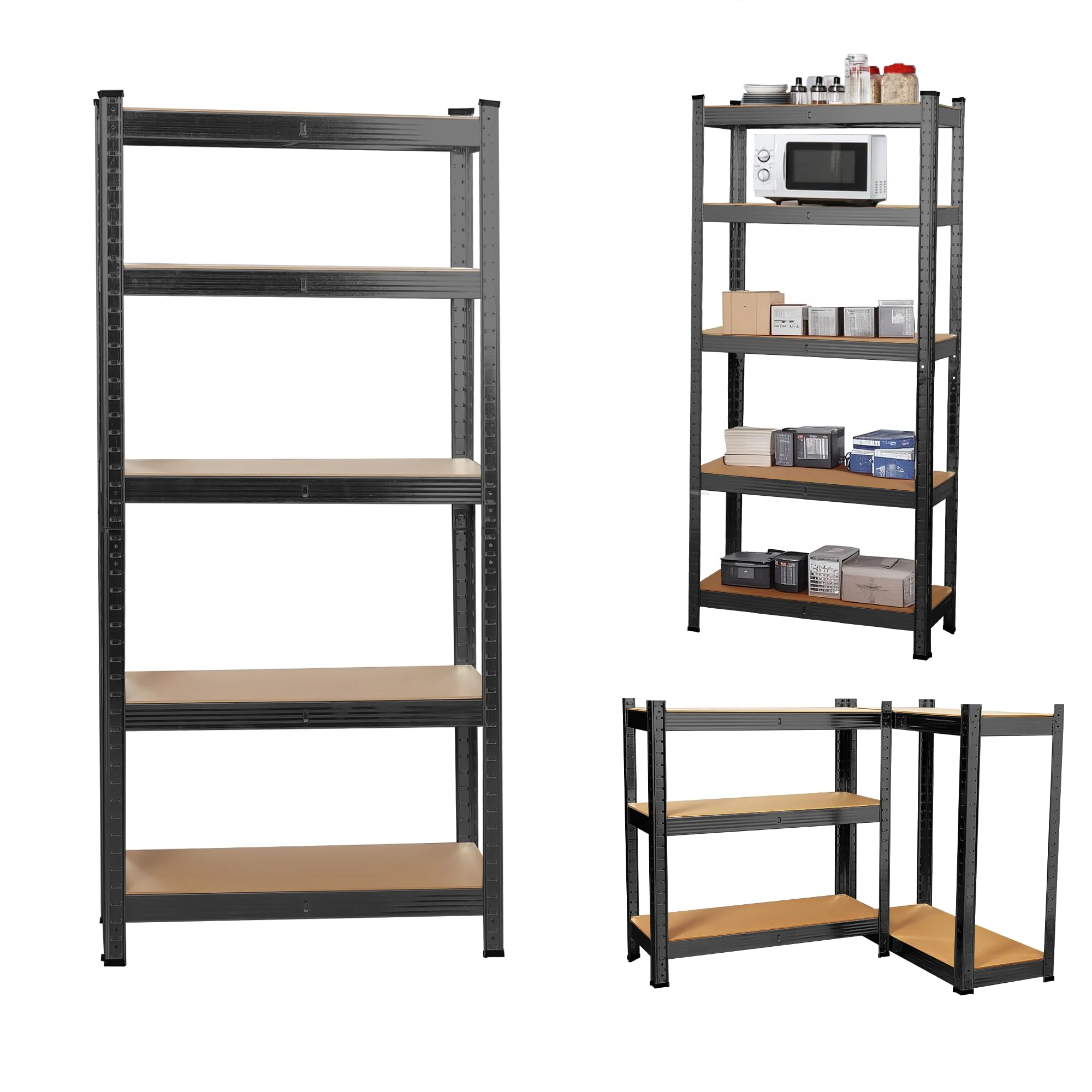 5-Tier Heavy Duty Garage Shelving Units – 875kg Capacity Steel Storage Shelves, Boltless Assembly, Adjustable Height & Layout for Warehouse, Living Room, Kitchen, Bedroom (Black, 70x30x154cm)