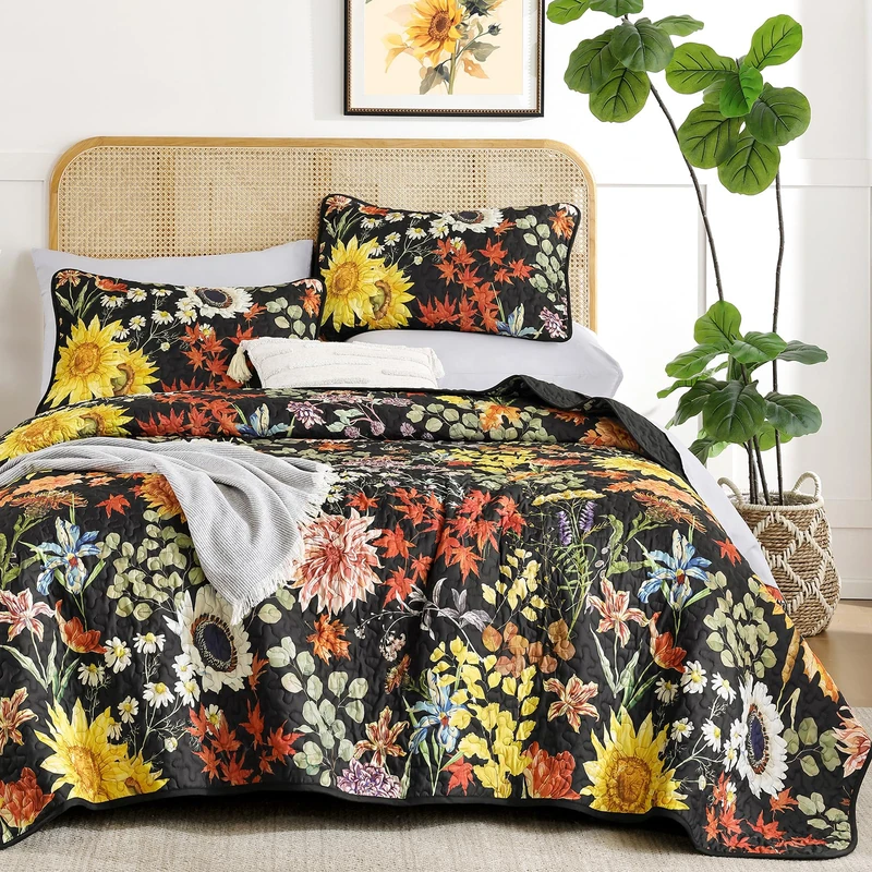 Yiran California King Quilt Set Black, Sunflower Floral Colorful Bedspread Bedding Set, 3 Pieces Fall Botanical Soft Lightweight Microfiber Coverlet with 2 Pillow Shams for All Season 112x96 Inch
