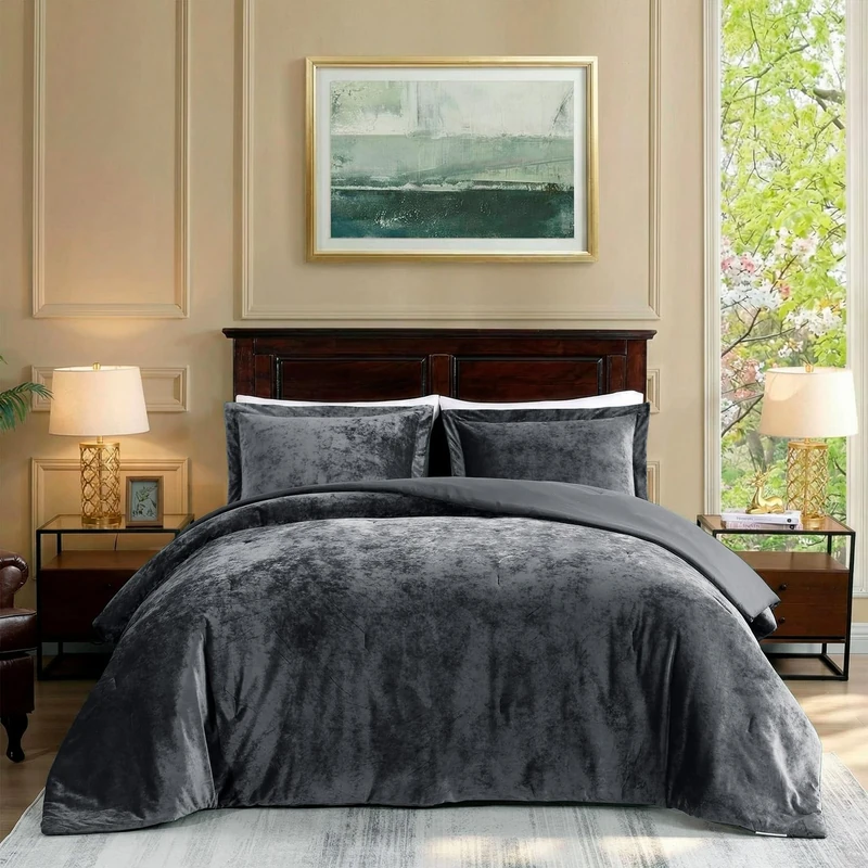 TAMGHO Crushed Velvet Grey Comforter for Queen Size Bed, Luxury Soft Velvet Bedding Set for All Seasons, 3pc Grey Bed Set Queen, 1 Comforter (92"x96") and 2 Pillow Shams (20"x26"+2")