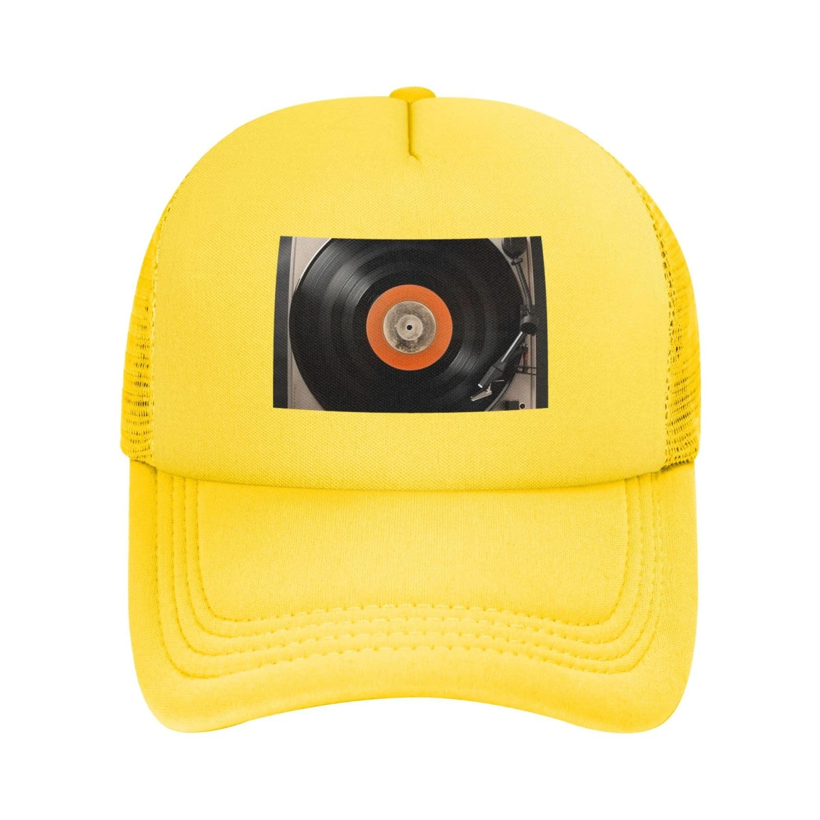 Vintage Vinyl Record Baseball Cap for Men Women Trucker Hat Adjustable Golf Cap Breathable Mesh Snapback Hat, Yellow, One size