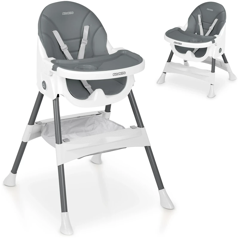 Ricokids High Chair Baby High Chair - from 6 Months - Dining Chair - Height Adjustable - Removable Dining Board - Safety Belt - Grey