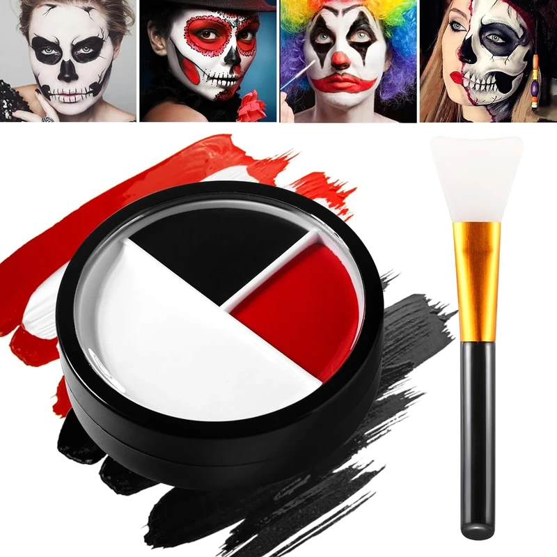 Afflano Clown Halloween Face Paint Set - White Black Red Brush