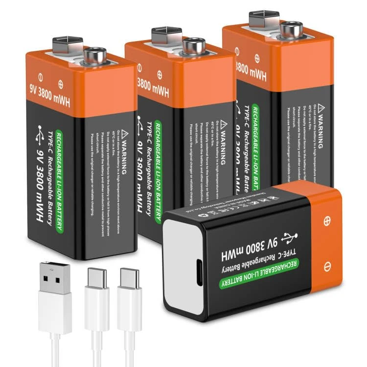 FLSTOR 9V Batteries, 3800mWh Li-Ion Rechargeable 9 Volts Battery for Smoke Detectors, Safety & Security Devices, CO Alarms, Remote Controls, Household Electronics with Charging Cable, Pack of 4