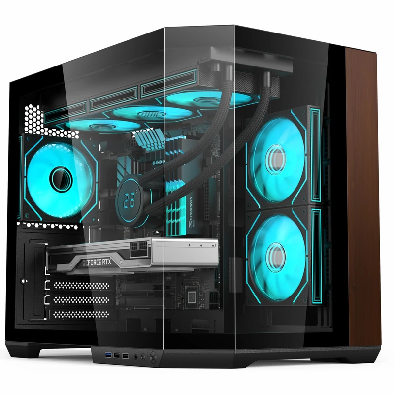 IONZ APEX EMBER- PC Gaming Case, M/ATX Mid Tower, Dual Chamber - Front I/O Type C, Tempered Glass With Wood Panel and 6 ARGB PWM Fans
