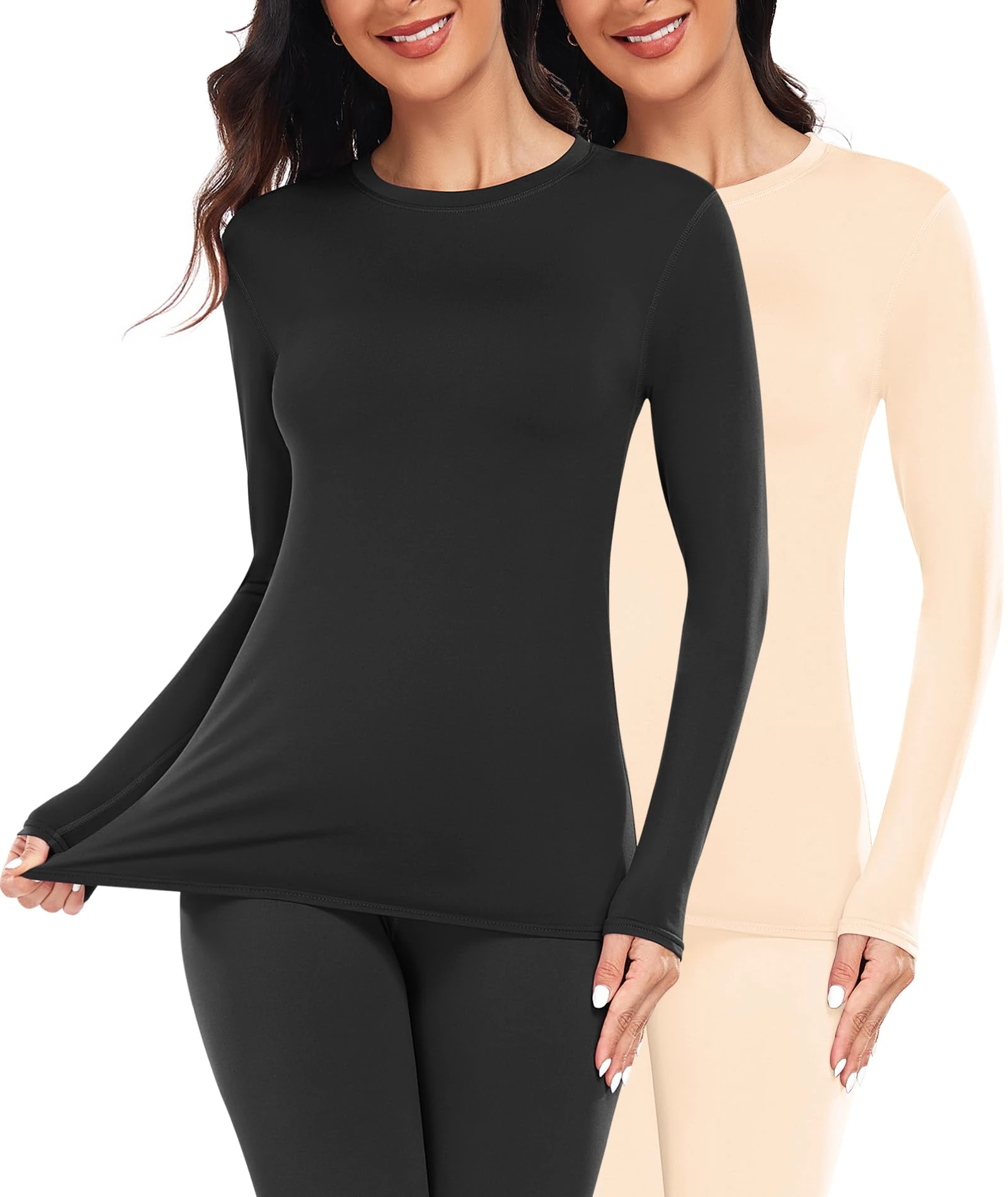 YADIFEN Long Sleeve Top Women Thermal Tops Soft Breathable Base Layer Shirt Crew Neck Thermal Underwear Womens Winter Warm Wicking Skiing (Black+Nude,S)