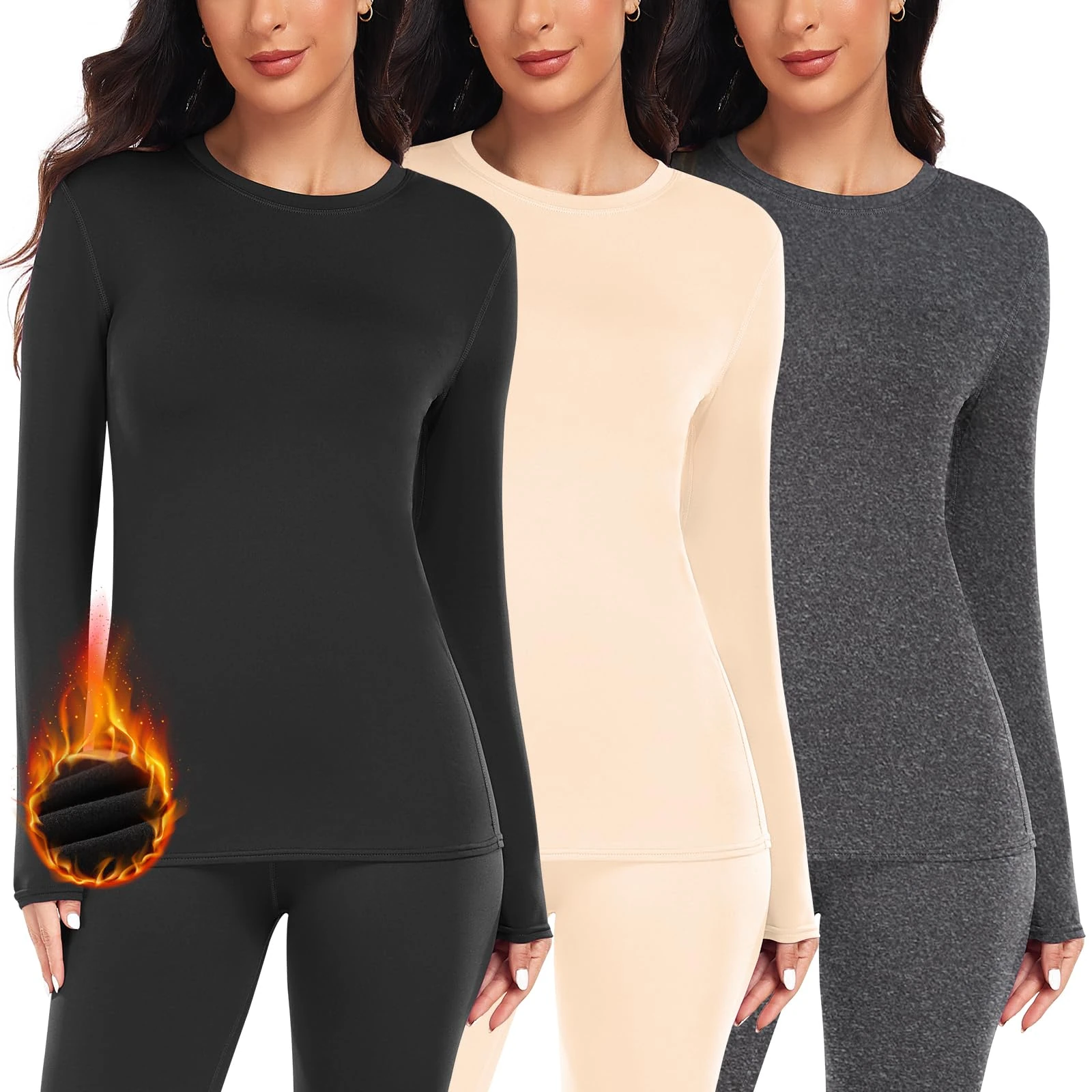 YADIFEN 3 Pack Long Sleeve Top Women Thermal Tops Soft Breathable Base Layer Shirt Crew Neck Thermal Underwear Womens Winter Warm Wicking Skiing (Black+Nude+Grey,S)