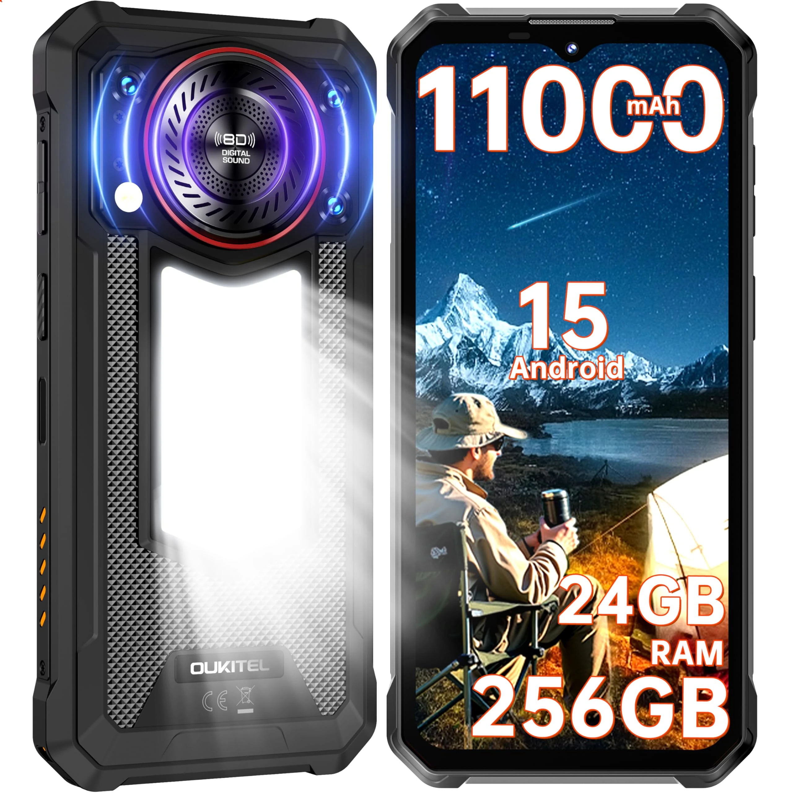 OUKITEL WP53 PRO Rugged Smartphone - Android 15 Rugged Phone Unlocked, 24GB+256GB/1TB Expand,11000mAh Battery 6.52" HD Waterproof Phone, Ultra-Bright Camping Light, Sound Amplifier, NFC, GPS, Black