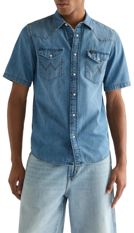 Wrangler Men's Ss Western Shirt T, Mid Light Wash, 4XL