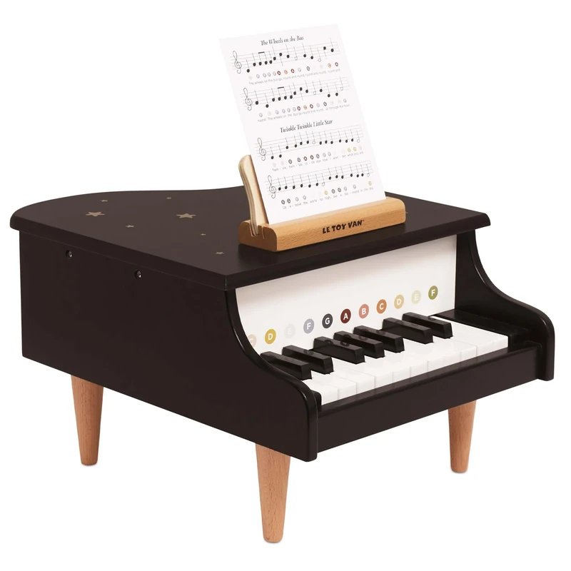 Le Toy Van Wooden Toy Grand Piano – FSC® Certified Sustainable Wood – Elegant Black with Gold Star Details – Includes Nursery Rhyme Music Sheets – Musical Instrument for Kids