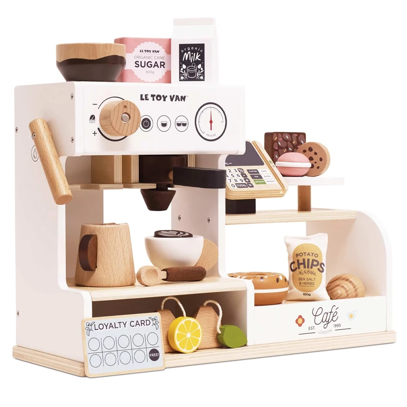 Le Toy Van Wooden Barista Café Shop – FSC® Certified Tabletop Coffee Machine Playset – 17-Piece Pretend Play Café with Milk Frother, Chalkboard Till & Cake Display – Imaginative Role Play Toy