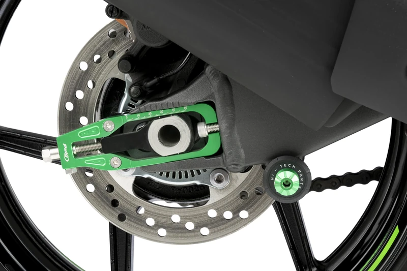 Puig 22232V Chain Tensioner CNC-machined in anodized aluminum with precise adjustment system and top marking for easy and secure setup, Green