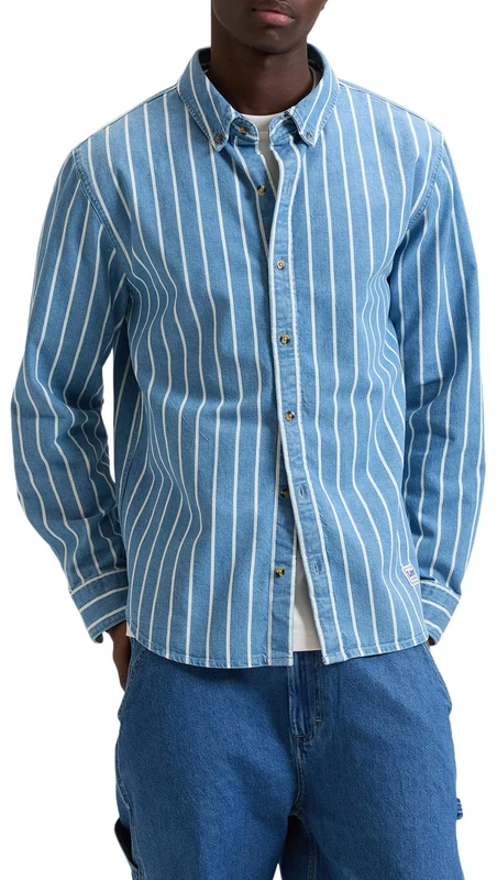 Lee Workwear Button Down T-Shirt, Denim Stripe, S Men - Image 1