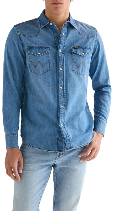 Wrangler Western Shirt, Medium Wash, L Men
