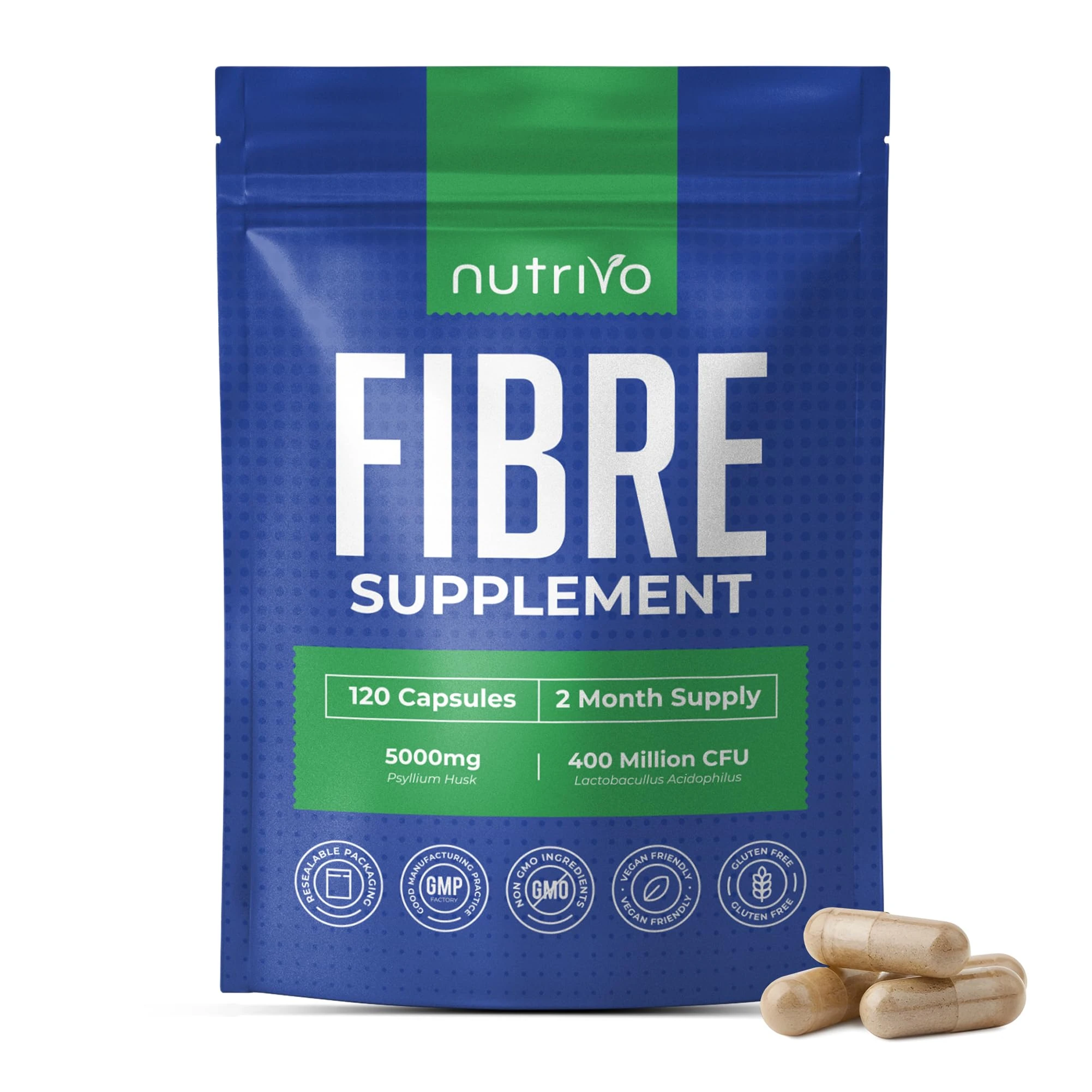 Fibre Supplement - Psyllium Husk 5000mg (500mg of 10:1 Extract) & Probiotic 400 Million CFU Lactobacillus Acidophilus – Digestive, Gut Health Support & Stool Softener -120 Psyllium Husks Capsules