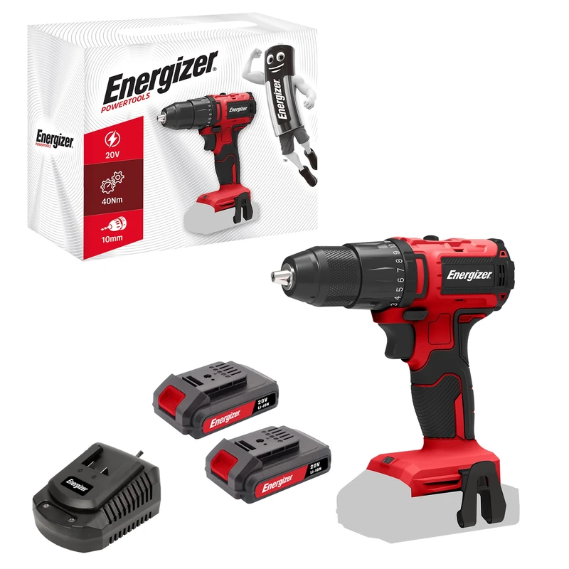 Energizer - Cordless Drill Driver 20V Ultralight Torque 40 Nm, 2 Speeds (1850 RPM), 10 mm Chuck, Includes 2 20V 2AH Batteries + Fast Charger, High Performance Tool