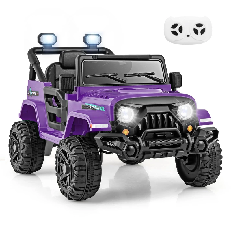 GYMAX Kids Ride on Car, 12V Battery Powered Toy with Remote Control, Lights, Music, Horn, Wireless Connection and Slow Start, Children Electric Off Road Truck for 3 Years Old+ Boys Girls (Purple)